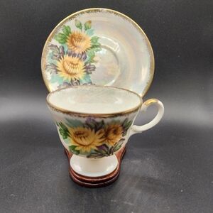 Vintage Bone China Teacup and Saucer with Chrysanthemum Pattern